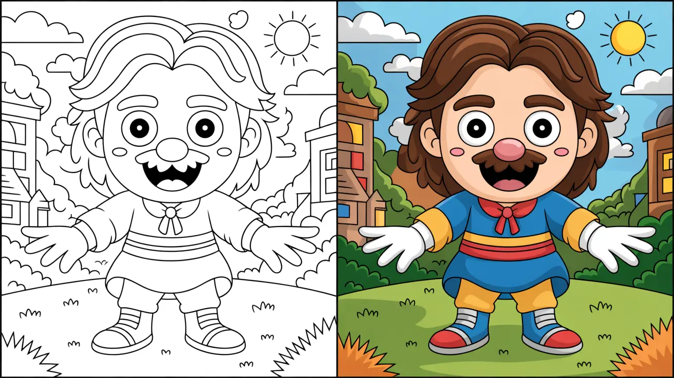 Fgteev coloring page: a two-panel image of a cartoon character smiling