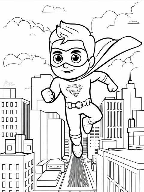 Coloring page of fgteev chase dressed as a superhero, flying over a city