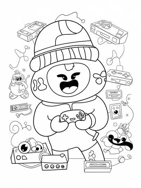 Coloring page of fgteev duddy character holding a game controller, surrounded by game consoles
