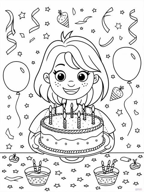 Coloring page featuring a girl holding a birthday cake, festive decorations