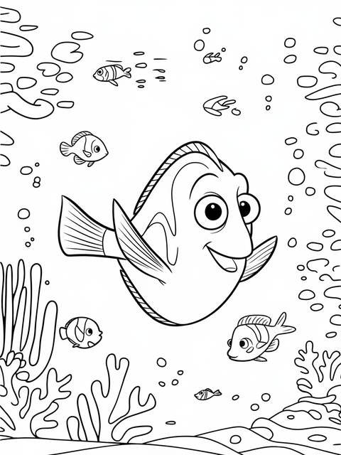 Line art of dory, the forgetful blue tang fish from finding dory, swimming