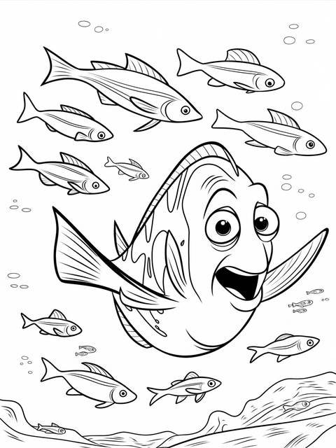 Finding dory coloring page featuring dory and other fish, with a cautious expression