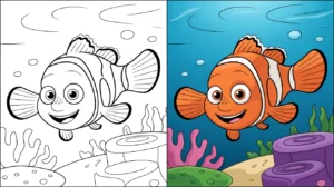 Finding nemo coloring page: a two-panel image of nemo, one colored, one blank