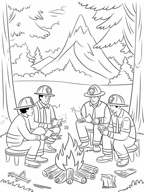 Firefighters around a campfire, reading, in a forest scene, from the 'firefighter a' series