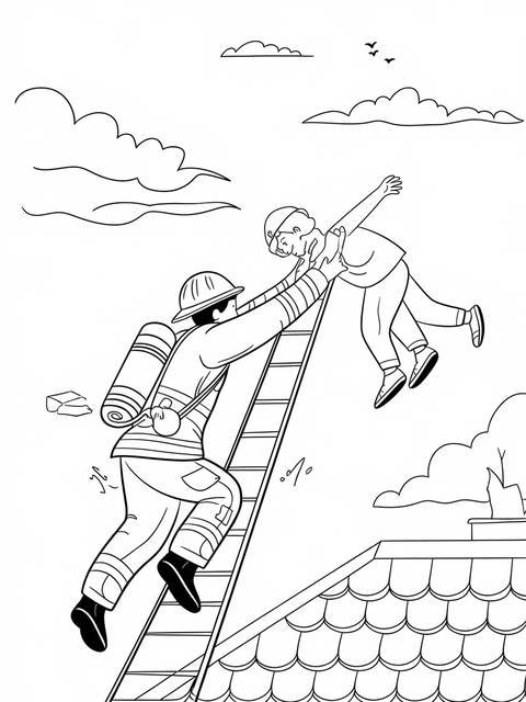 Firefighter climbing a ladder to rescue a person from a roof