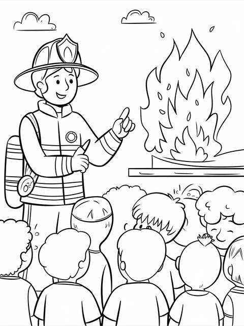 A firefighter giving safety instructions to children near a depiction of fire