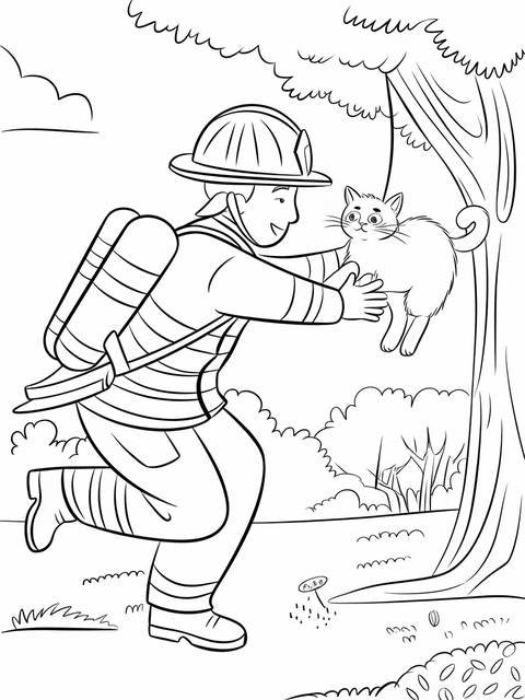 Firefighter rescuing a cat from a tree; a coloring page illustration