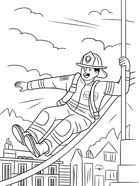 A firefighter sliding down a pole, a classic action depicted in this image