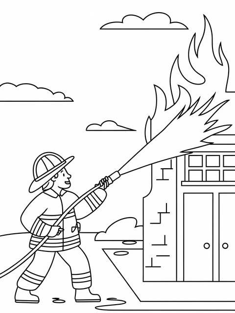 Firefighter spraying water on a burning building to extinguish the fire