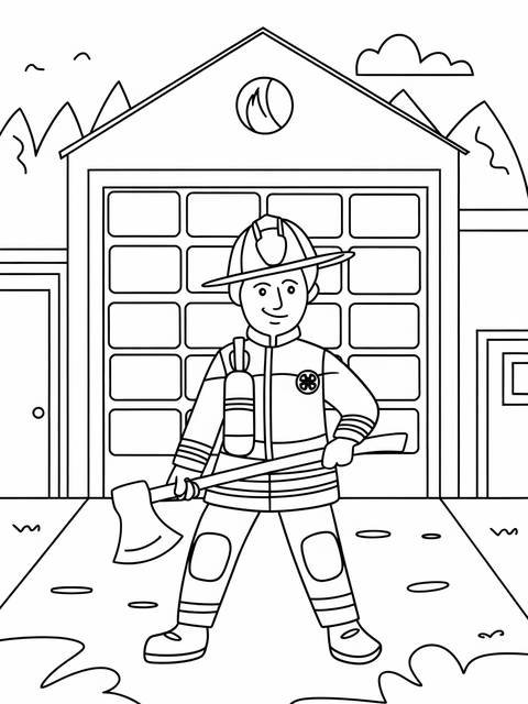 A firefighter with gear and an axe stands in front of a fire station