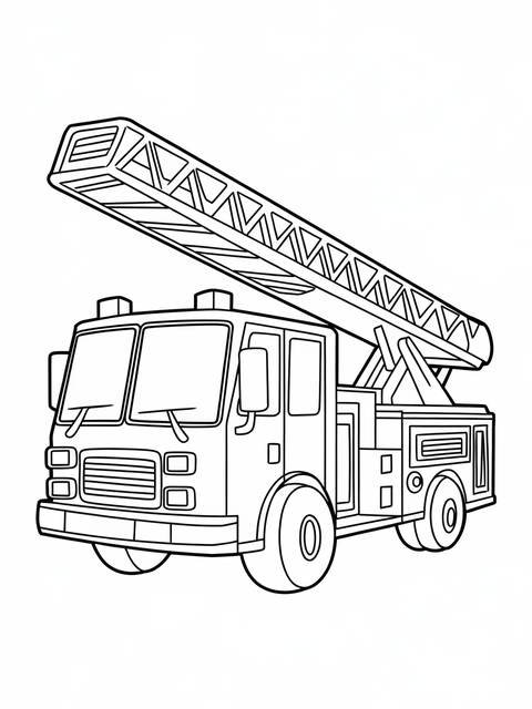 Line drawing of a friendly fire truck with a raised ladder for coloring