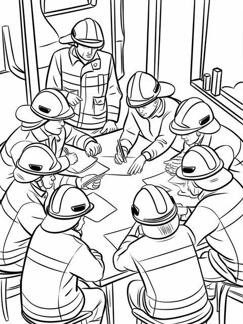 Group of firefighters gathered around a table, possibly planning a cover