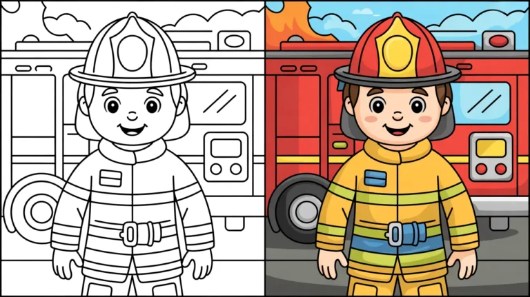 Firefighter coloring page featuring a smiling firefighter next to a fire truck