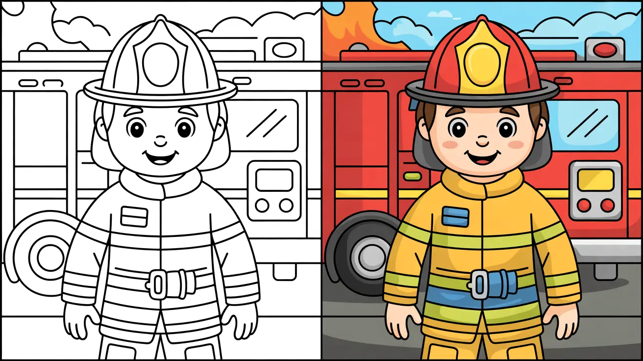 Firefighter coloring page featuring a smiling firefighter next to a fire truck