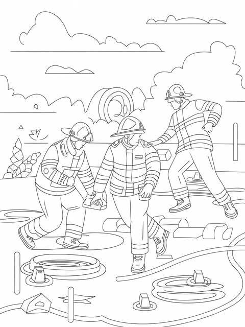 Firefighters practicing, a coloring page depicting three firefighters in action