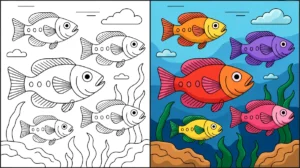 Fish coloring pages: black and white and colored illustrations of various fish