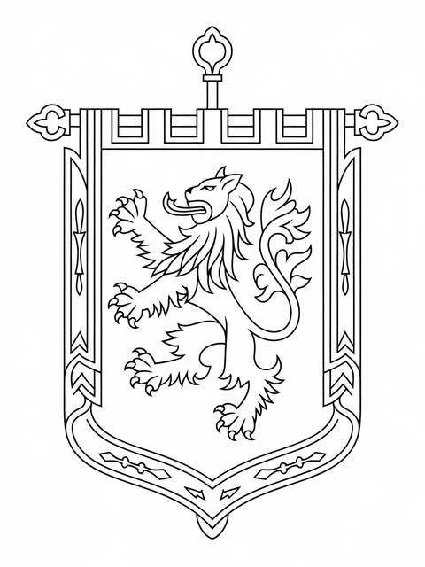 Medieval knight's banner displaying a heraldic lion rampant, ready for coloring