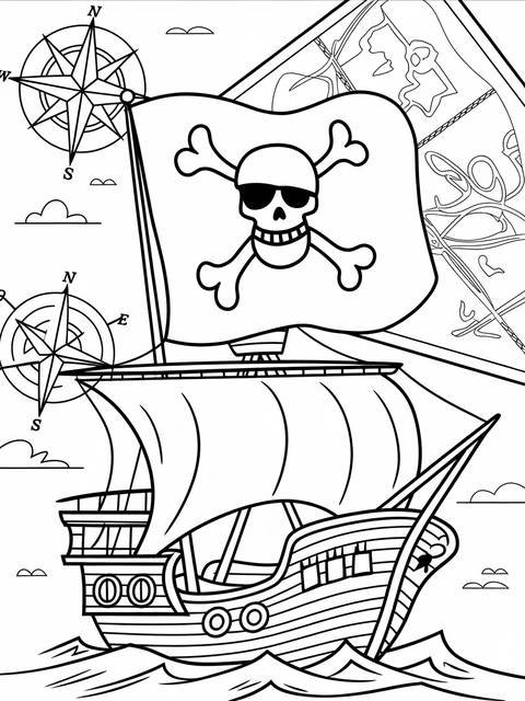 A pirate ship with a jolly roger flag, compasses, and a map