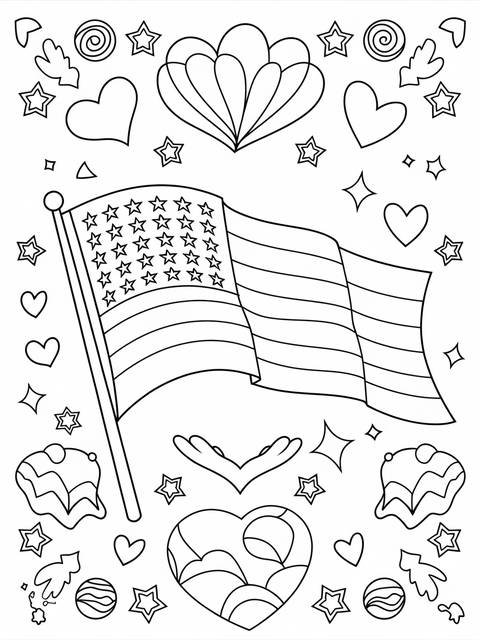 Coloring page featuring a waving american flag with stars, hearts, and decorative elements
