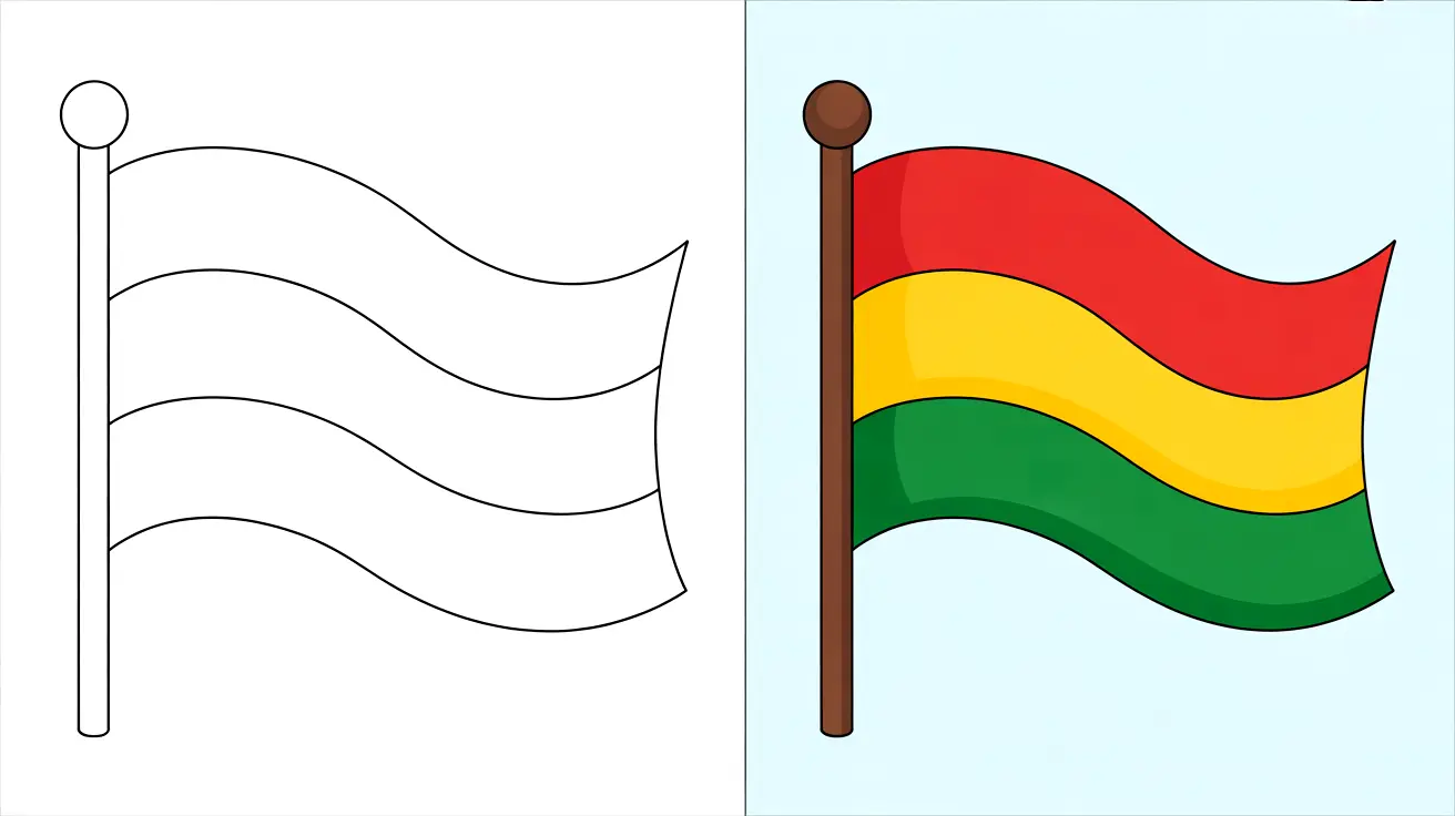 A two-panel flag coloring page: one blank, one colored with red, yellow, and green
