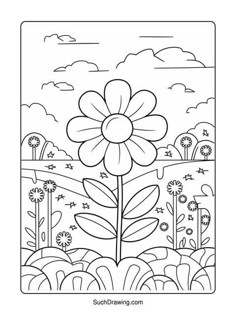 Black and white coloring page of a large flower in a field