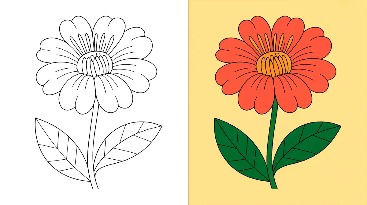 Flower coloring page: a daisy with petals, stem, and leaves, ready to color