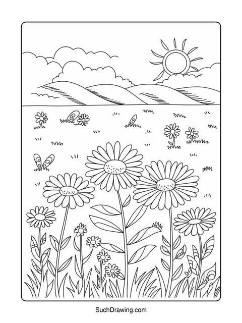 Line art of a sunny field with daisies, butterflies, and a sun