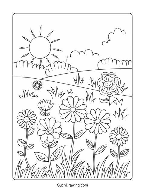 Black and white coloring page of a sunny field with flowers