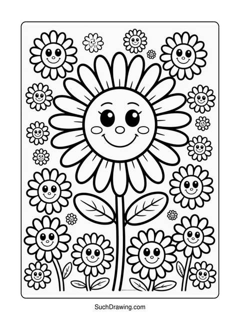 Black and white coloring page of smiling cartoon flowers with happy faces