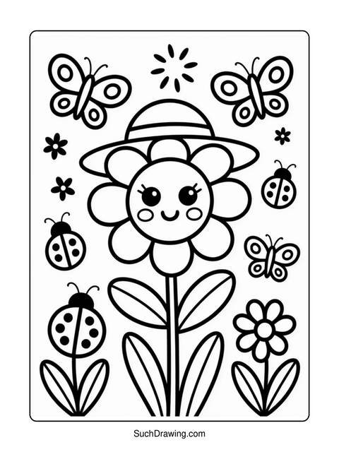 A black and white coloring page with a flower, butterflies, and ladybugs