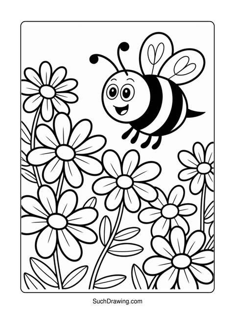 Black and white coloring page of a bee flying over a field of daisies