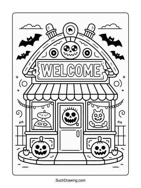 Halloween-themed coloring page featuring a shop with pumpkins, bats, and a welcome sign