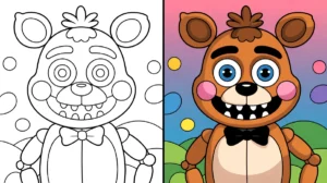 Fnaf coloring page featuring a brown bear character with a bow tie