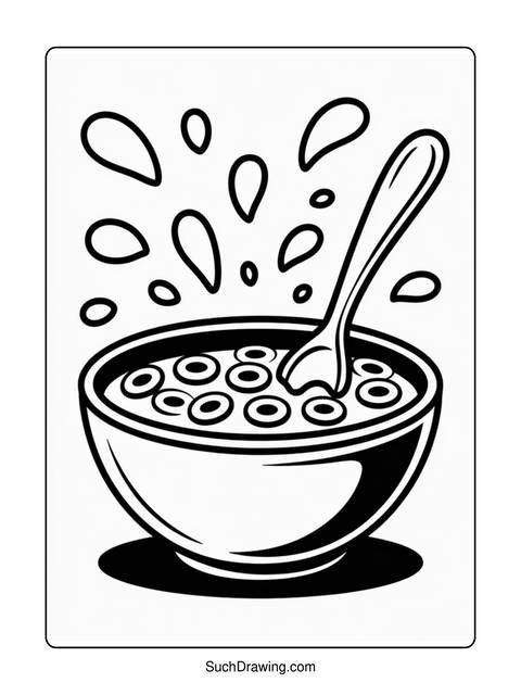 Black and white illustration of a bowl of cereal with a spoon