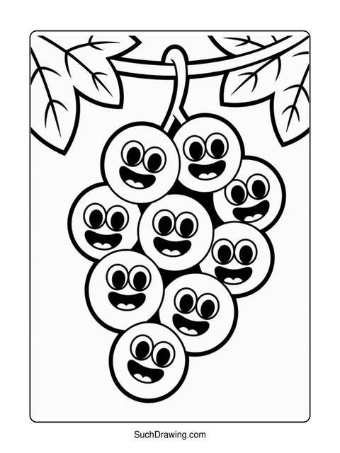 Black and white illustration of a bunch of grapes with smiling faces