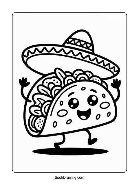 A cartoon taco wearing a sombrero with arms and legs