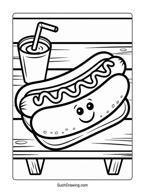 Black and white coloring page of a hotdog and a drink with a straw