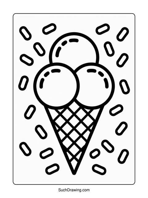 Black and white outline of an ice cream cone with three scoops and sprinkles