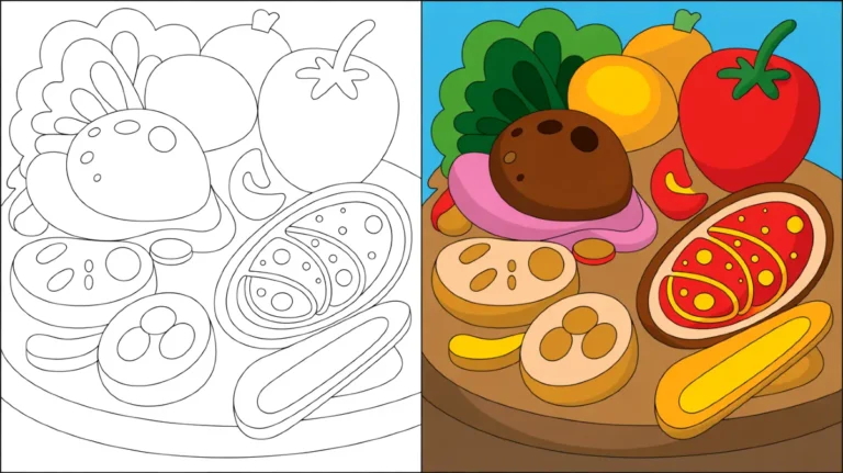 Food coloring page featuring various vegetables and other food items
