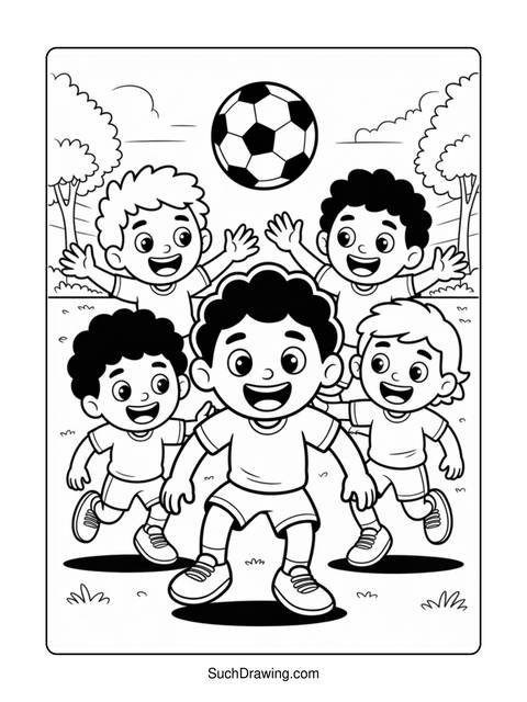 A coloring page of five children playing soccer with a soccer ball