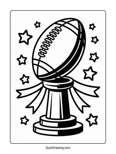 Line drawing of a football on a trophy base, surrounded by stars