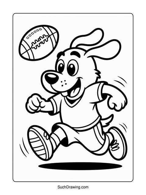 A cartoon dog running with a football in a coloring page
