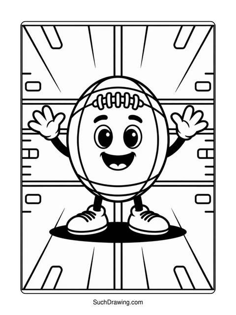 A cartoon football character with arms, legs, and a smiling face