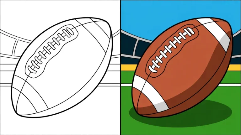 Football coloring page featuring a football in two stages: outlined and colored
