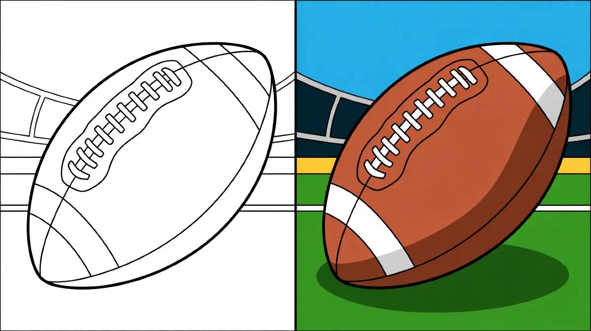 Football coloring page featuring a football in two stages: outlined and colored