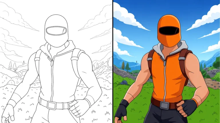 Fortnite coloring page featuring a character in an orange helmet and vest