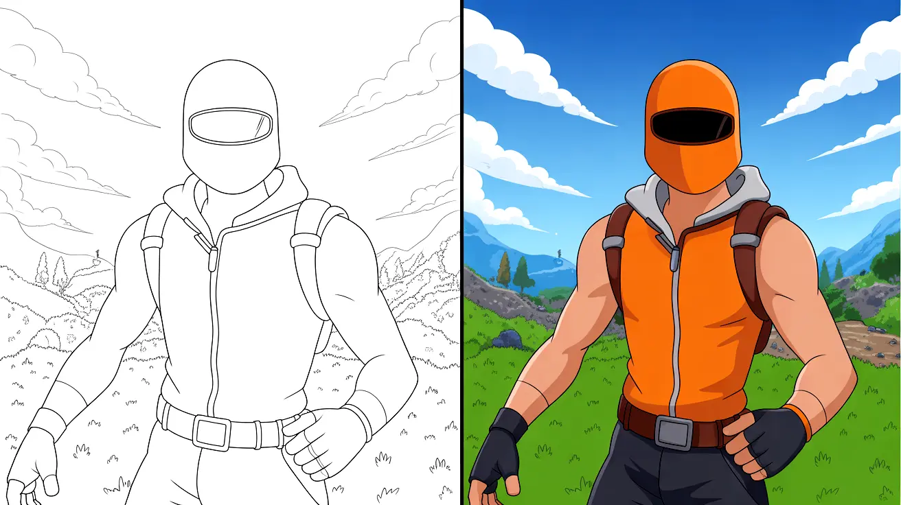 Fortnite coloring page featuring a character in an orange helmet and vest