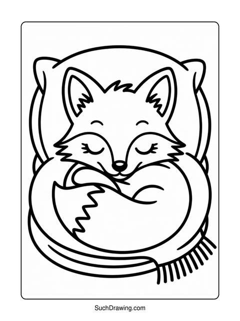 Line drawing of a sleeping fox curled up on a pillow