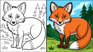 Fox coloring page: a cartoon fox, colored and uncolored, in a forest setting