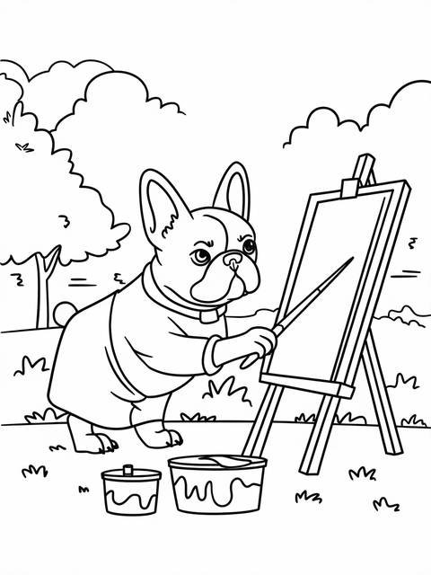 French bulldog dressed, painting on an easel, a coloring page illustration